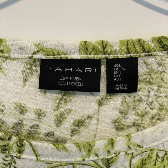 Tahari Leaf Print Top Womens Large Green Leafy Linen Lyocell Coastal Tee - Picture 4 of 6